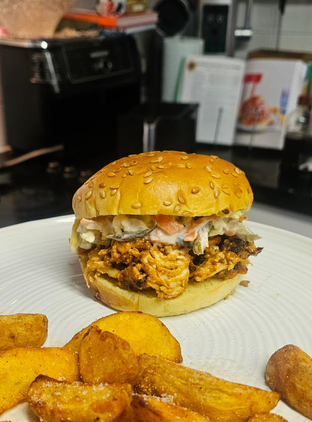 Air Fryer Buffalo Chicken Sandwich by Georgia, Gloucestershire pinchofnom.com