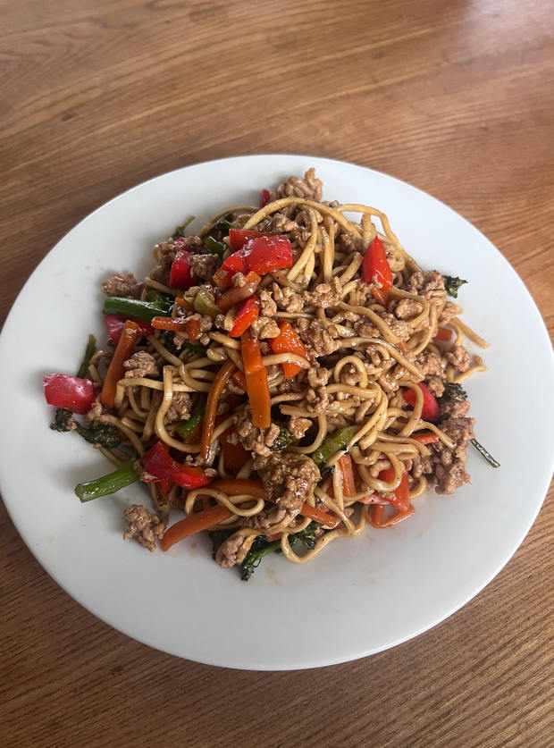 Air Fryer Hoisin Pork with Noodles pinchofnom.com
