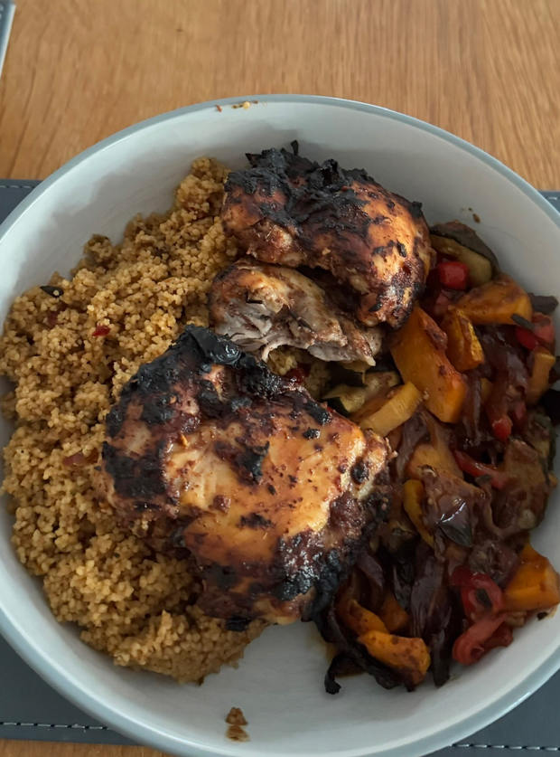 Air Fryer Sumac Chicken with Roasted Vegetables and Herby Couscous by Marie Holmes, Wimblington, March pinchofnom.com