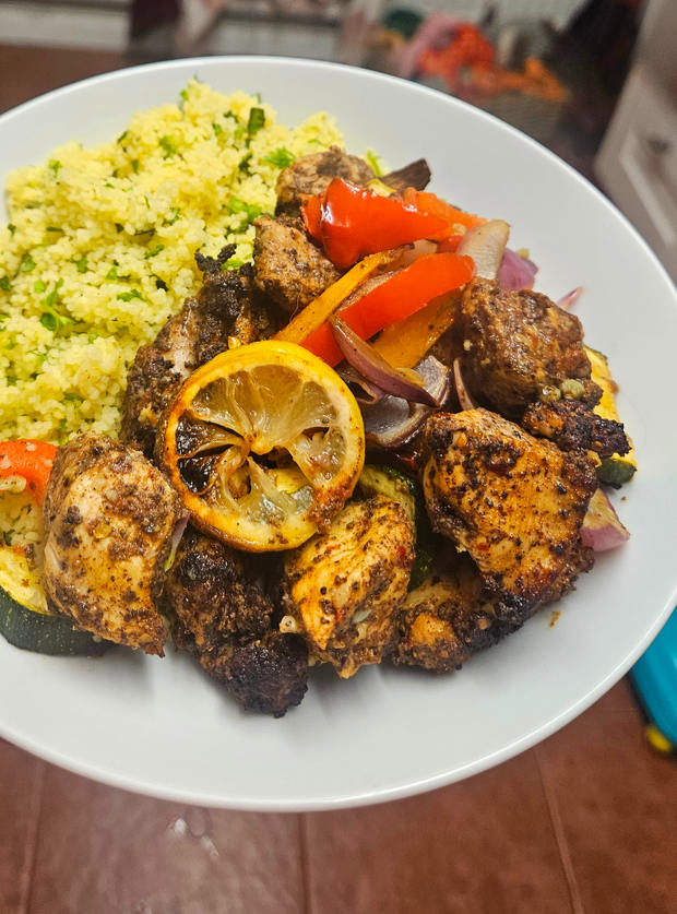 Air Fryer Sumac Chicken with Roasted Vegetables and Herby Couscous by Georgia, Gloucestershire pinchofnom.com