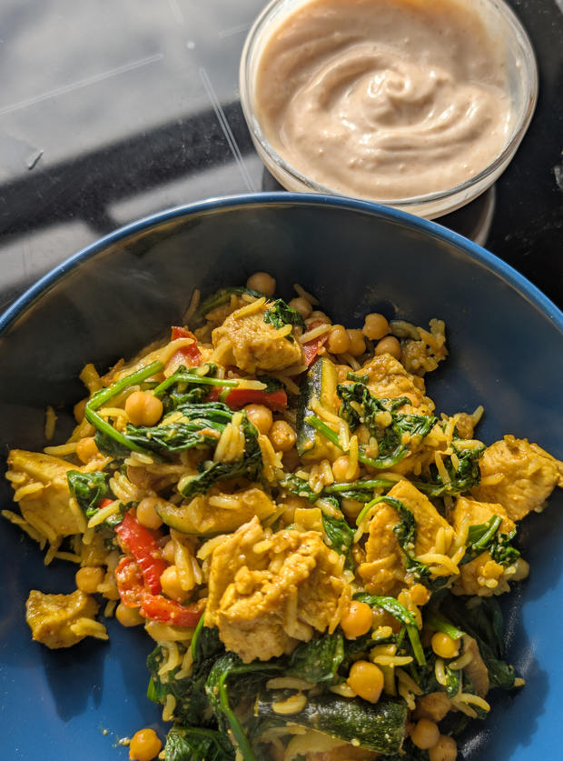 Air Fryer Chicken and Mango Chutney Traybake pinchofnom.com