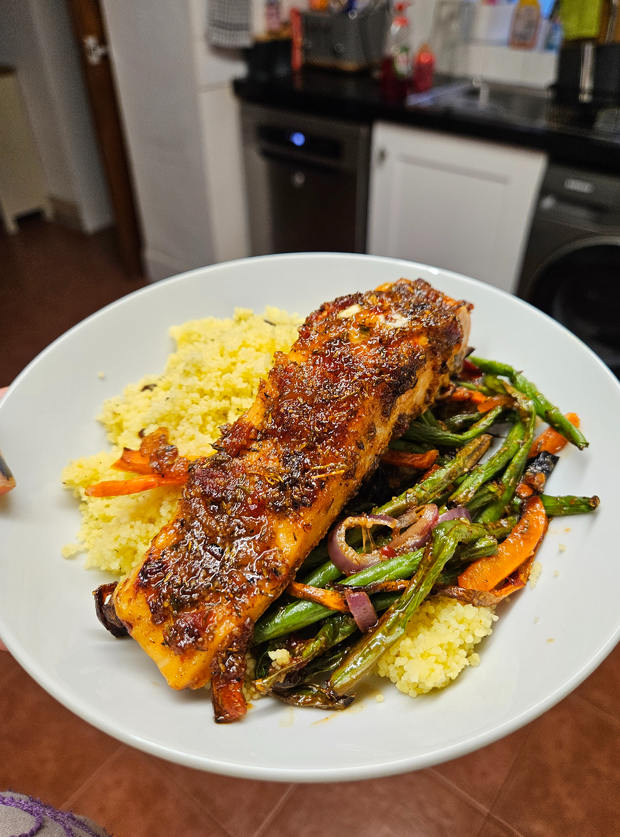 Air Fryer Harissa Marmalade Salmon by Georgia, Gloucestershire pinchofnom.com