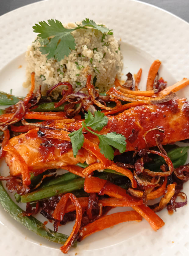 Air Fryer Harissa Marmalade Salmon by Lmsingy, Lancashire pinchofnom.com