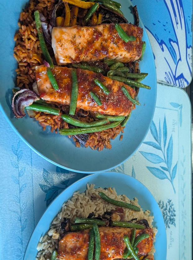 Air Fryer Harissa Marmalade Salmon by Nicola, Pembrokeshire pinchofnom.com
