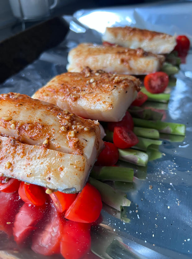 Cajun Baked Cod with Asparagus and Cherry Tomatoes by Norfolk_Wolf, Norfolk pinchofnom.com