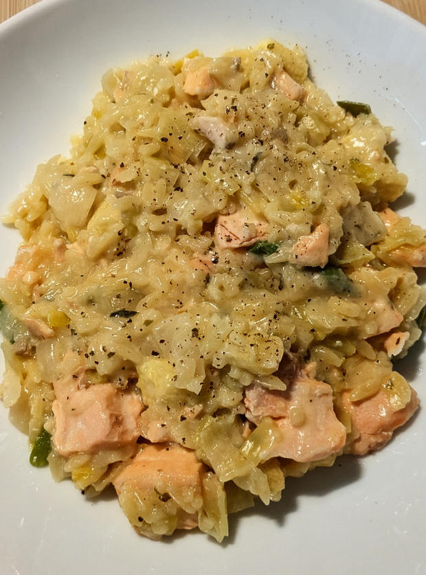 Cheesy Salmon and Leek Orzotto by Sheena, Yorkshire pinchofnom.com