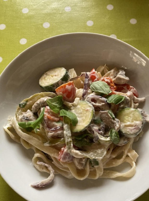 Creamy Tagliatelle with Roasted Vegetables by Sarah, Darlington pinchofnom.com