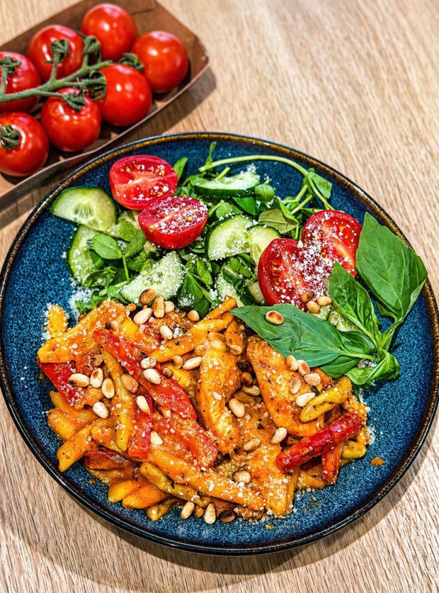 Creamy Roasted Red Pepper & Chicken Pasta by Tracy Williamson, West Yorkshire pinchofnom.com
