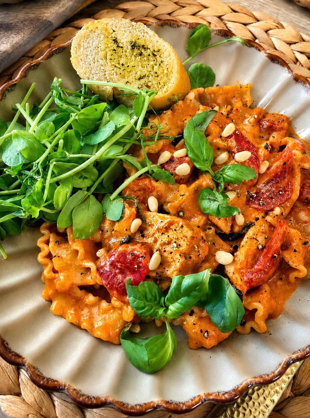 Creamy Roasted Red Pepper & Chicken Pasta by Tracy Williamson, West Yorkshire pinchofnom.com