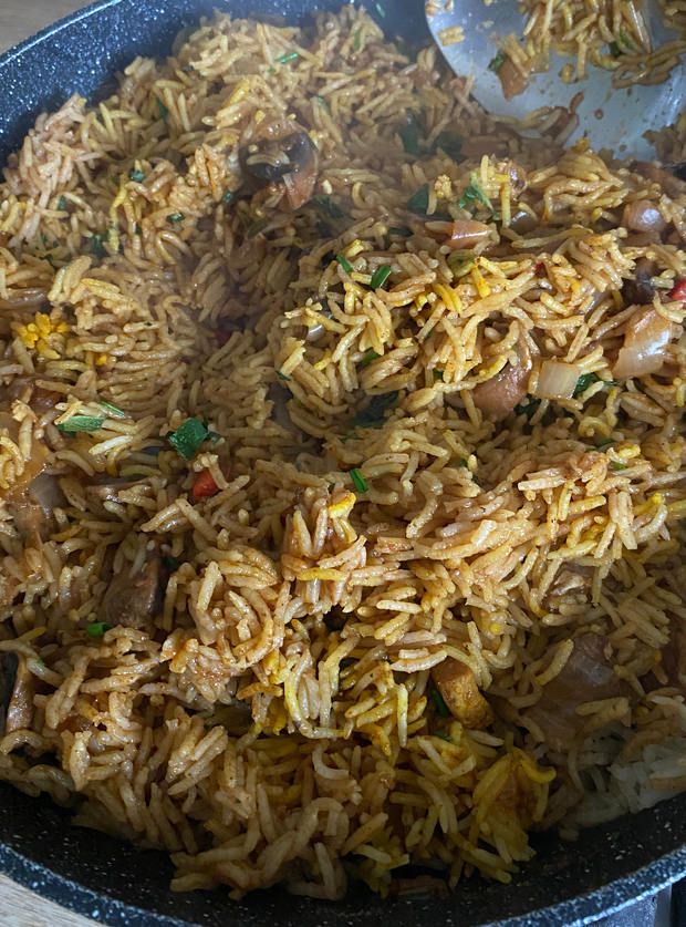 Garlic Mushroom Biryani by Ria, Stafford pinchofnom.com