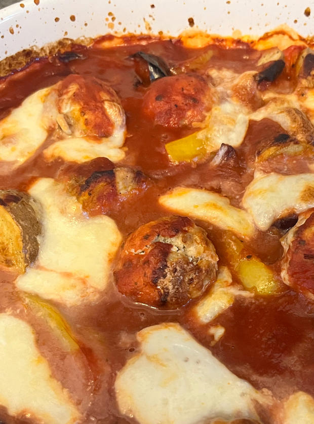 Margherita Meatball Traybake by Karen S, Desborough pinchofnom.com