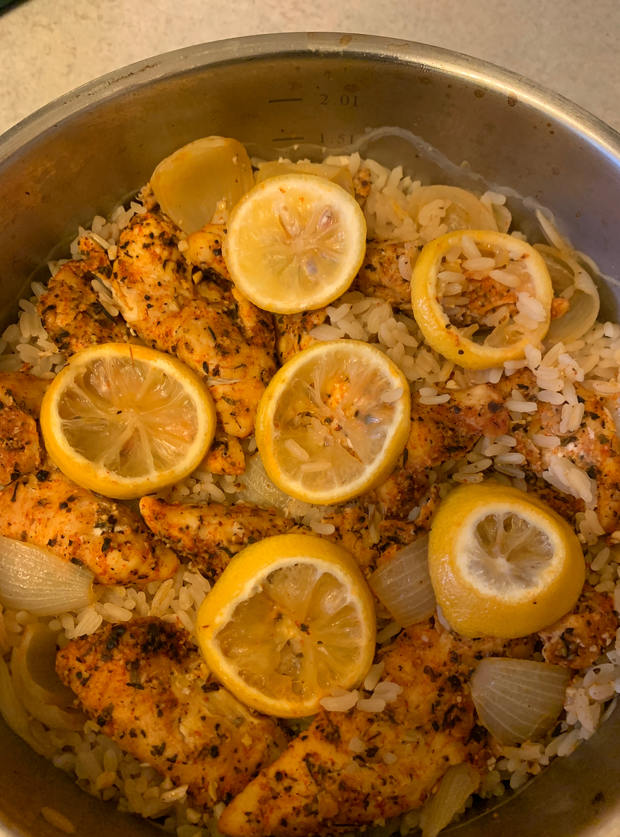 Oven-Baked Garlic Chicken and Rice by Samantha, Worcestershire pinchofnom.com