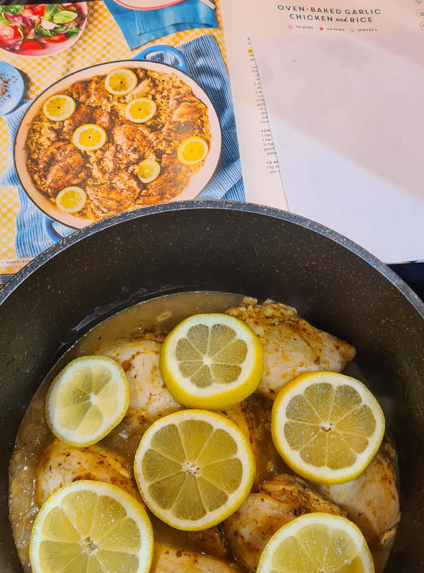Oven-Baked Garlic Chicken and Rice by Sarah Brennan, Burnley pinchofnom.com