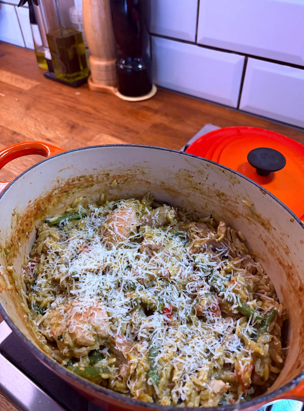 Pesto Chicken Orzo by Helen, Woking pinchofnom.com