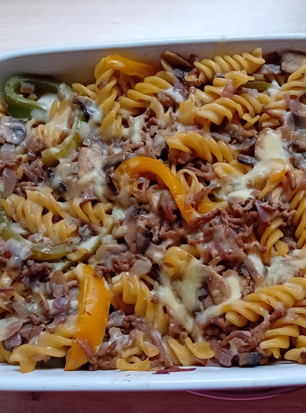 Philly Cheesesteak Pasta by Nancy Chrimes, Bury pinchofnom.com