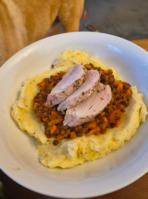 Pork on Balsamic Lentils by Georgia, Gloucestershire pinchofnom.com
