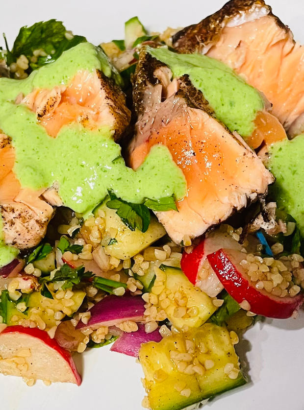 Salmon Tabbouleh Salad by Jo, Aldbourne pinchofnom.com