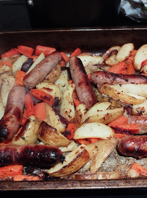 Sausage Traybake by Tamzyn Casley, Isle of Wight pinchofnom.com
