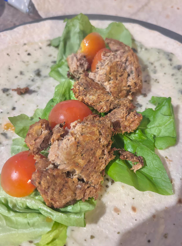 Tikka Fishcake Wrap by Karolina Rogers, Peterborough pinchofnom.com