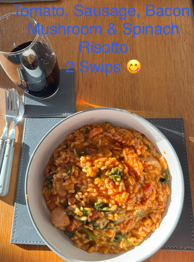 Tomato, Bacon, Sausage and Mushroom Risotto by Marie Holmes, Wimblington, March pinchofnom.com